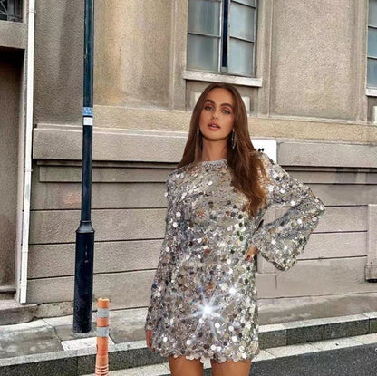 Elegant Mini Dress for Women Long-Sleeve Sequin