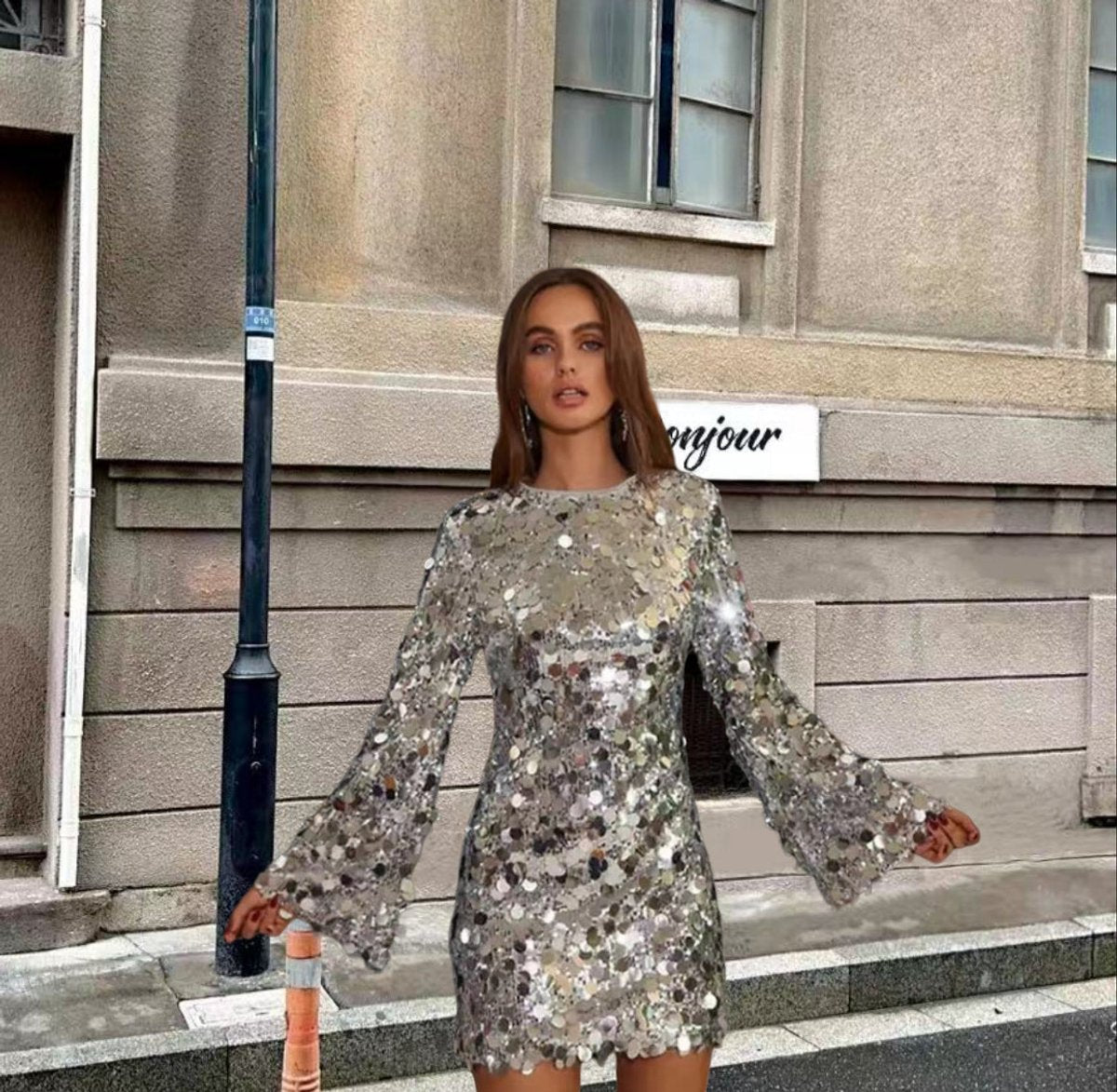 Elegant Mini Dress for Women Long-Sleeve Sequin