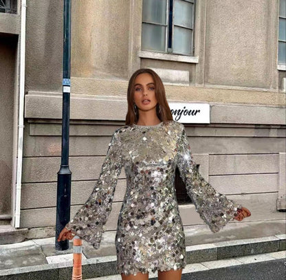 Elegant Mini Dress for Women Long-Sleeve Sequin