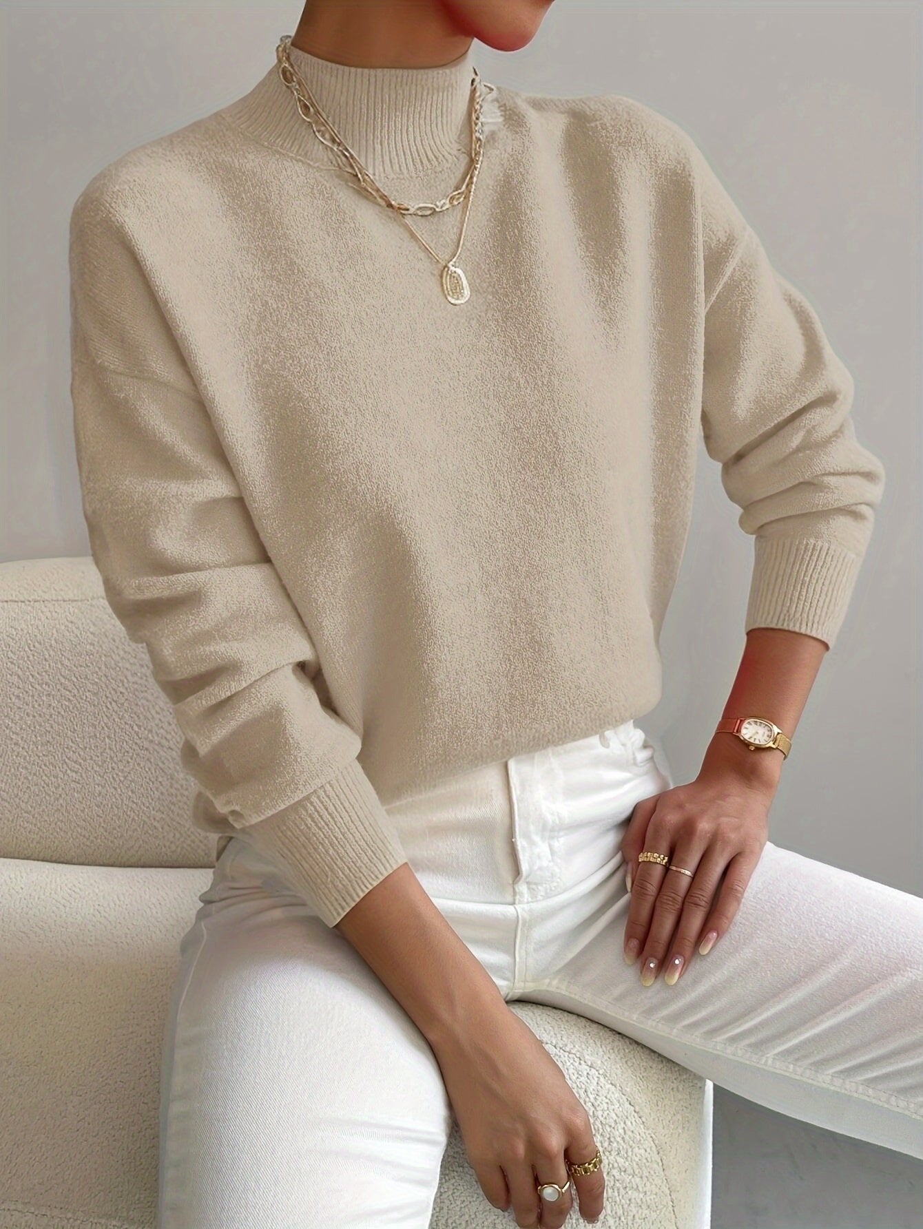 Comfortable Sweater for Women Mock-Turtleneck Relaxed-Fit