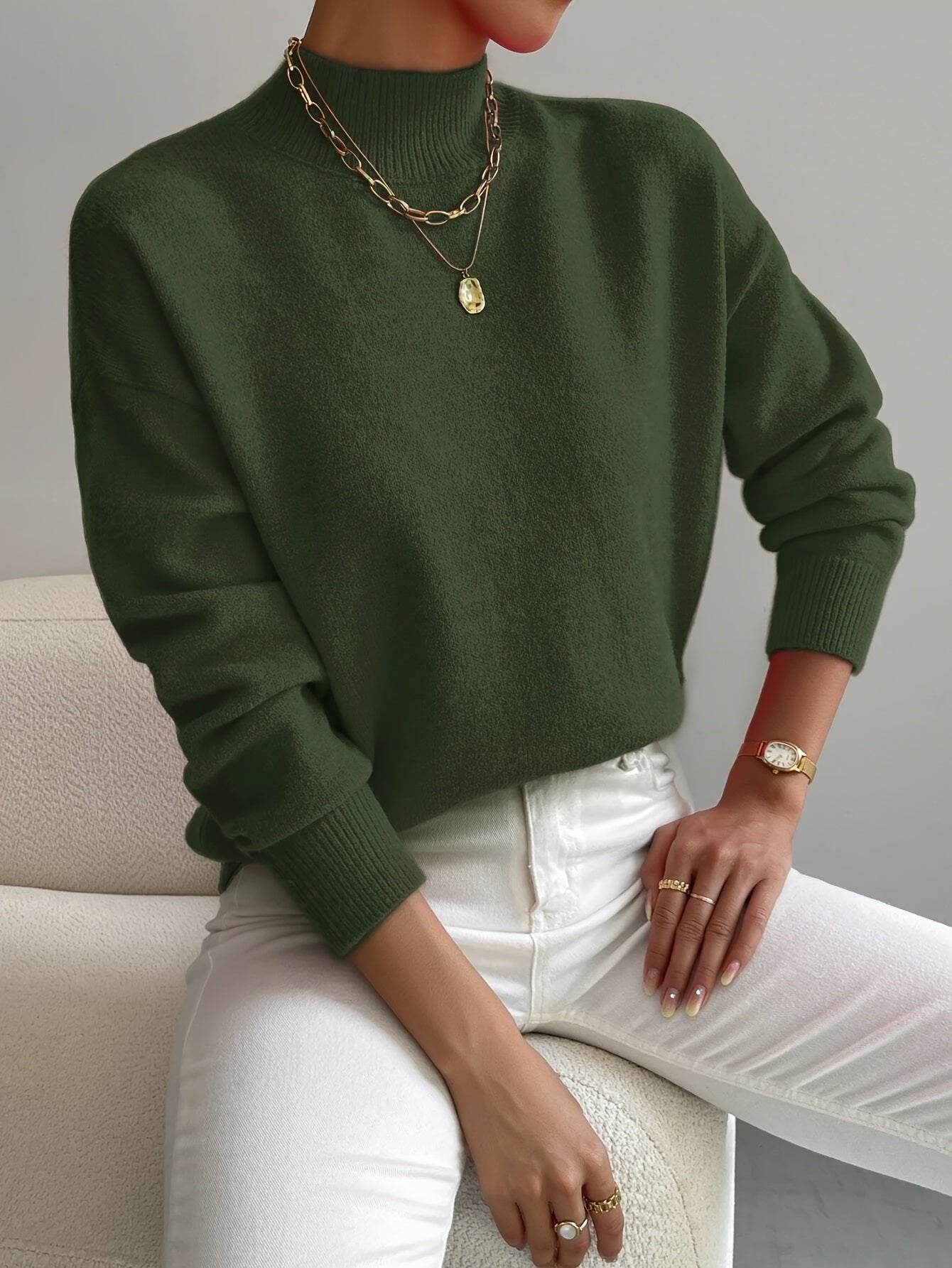 Comfortable Sweater for Women Mock-Turtleneck Relaxed-Fit