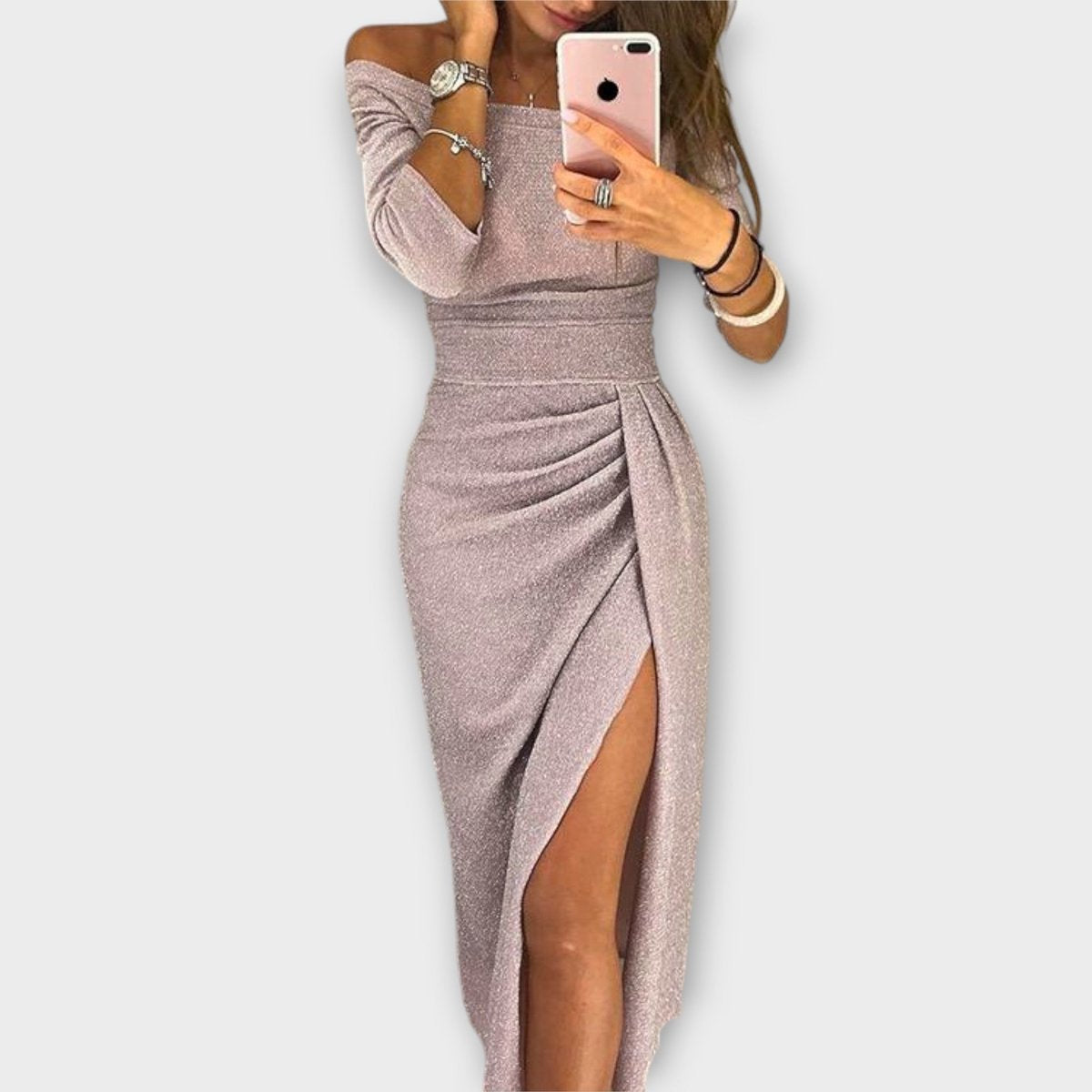 Elegant Midi Dress for Women Off-Shoulder Ruched Long-Sleeve