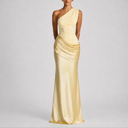 Elegant Maxi Dress for Women One-Shoulder Draped Satin