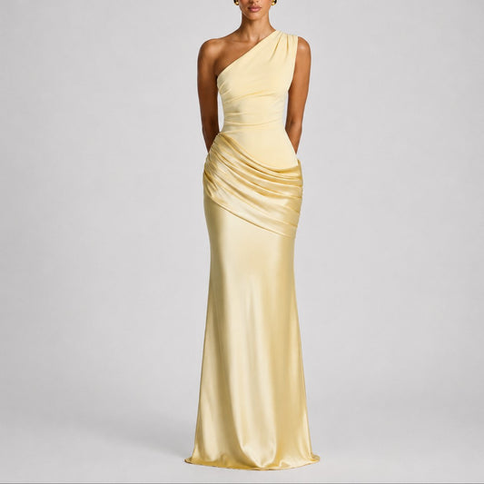 Elegant Maxi Dress for Women One-Shoulder Draped Satin