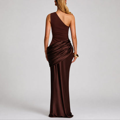 Elegant Maxi Dress for Women One-Shoulder Draped Satin