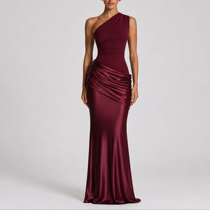 Elegant Maxi Dress for Women One-Shoulder Draped Satin
