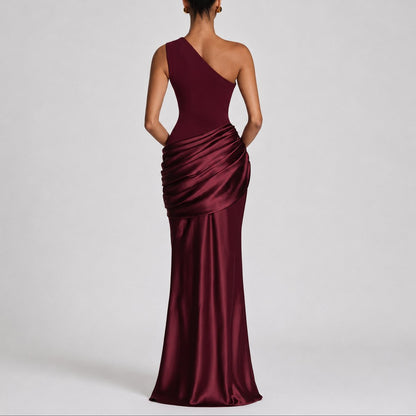 Elegant Maxi Dress for Women One-Shoulder Draped Satin