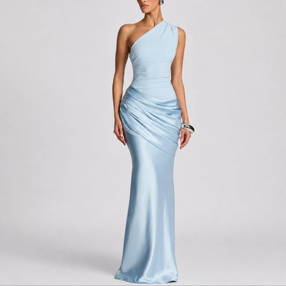 Elegant Maxi Dress for Women One-Shoulder Draped Satin