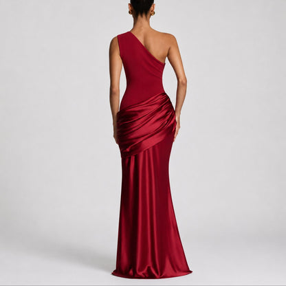 Elegant Maxi Dress for Women One-Shoulder Draped Satin