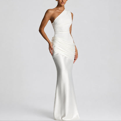 Elegant Maxi Dress for Women One-Shoulder Draped Satin