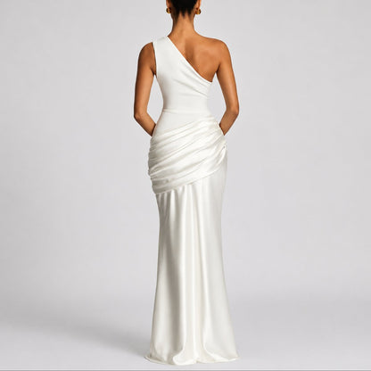 Elegant Maxi Dress for Women One-Shoulder Draped Satin