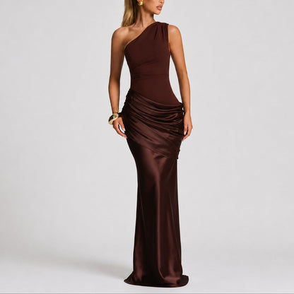 Elegant Maxi Dress for Women One-Shoulder Draped Satin