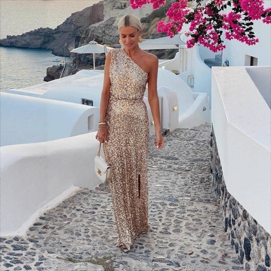 Elegant Maxi Dress for Women One-Shoulder Sequin Side-Slit
