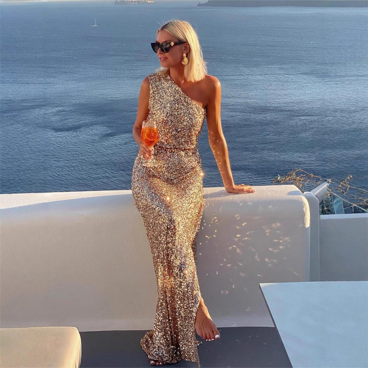 Elegant Maxi Dress for Women One-Shoulder Sequin Side-Slit