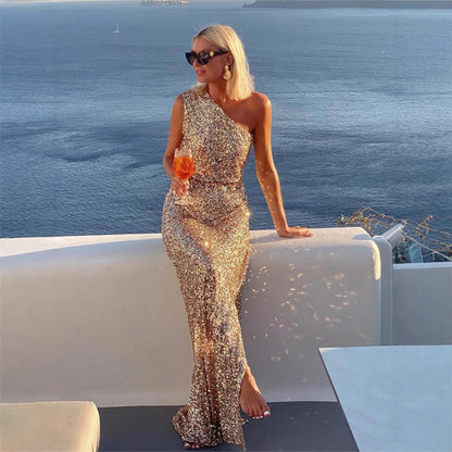 Elegant Maxi Dress for Women One-Shoulder Sequin Side-Slit
