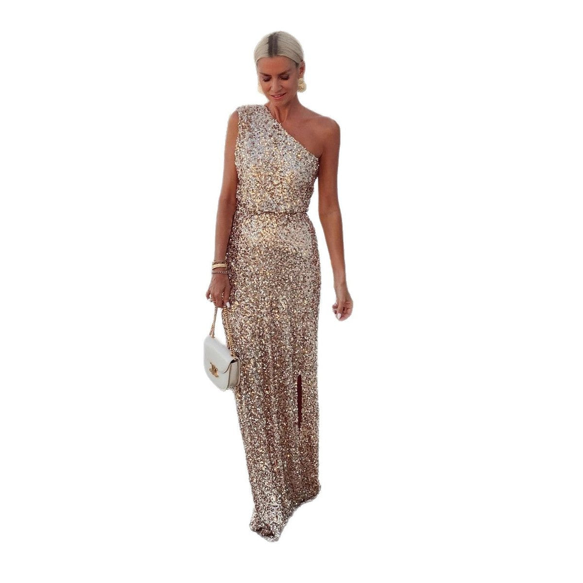 Elegant Maxi Dress for Women One-Shoulder Sequin Side-Slit