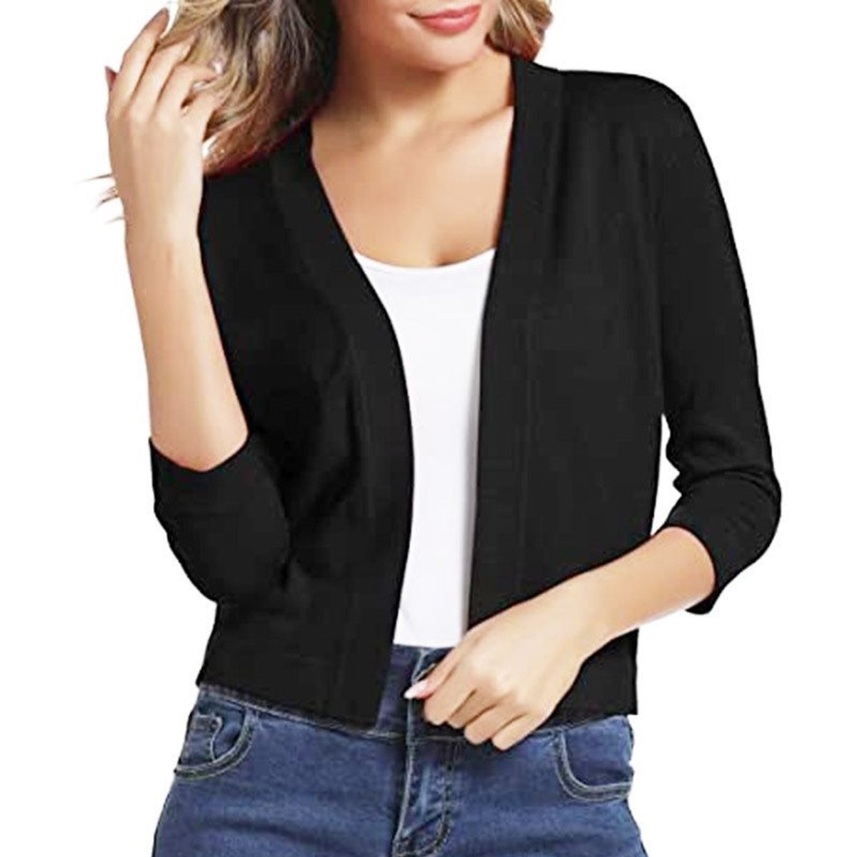 Stylish Cardigan for Women Open-Front Three-Quarter-Sleeve Cropped