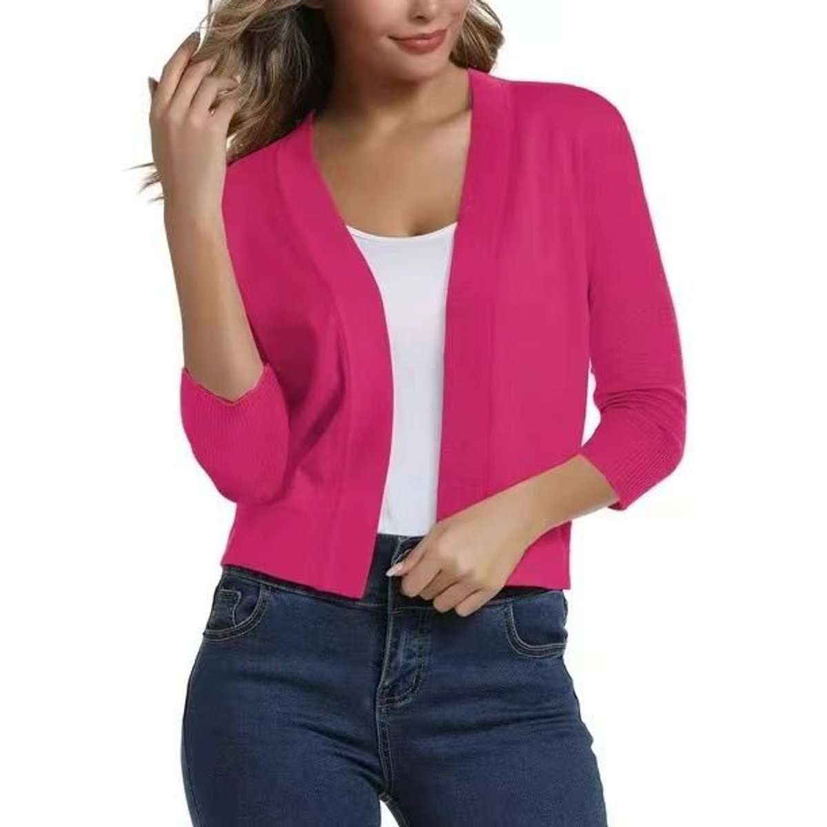 Stylish Cardigan for Women Open-Front Three-Quarter-Sleeve Cropped
