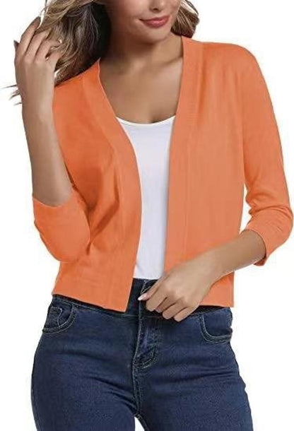 Stylish Cardigan for Women Open-Front Three-Quarter-Sleeve Cropped