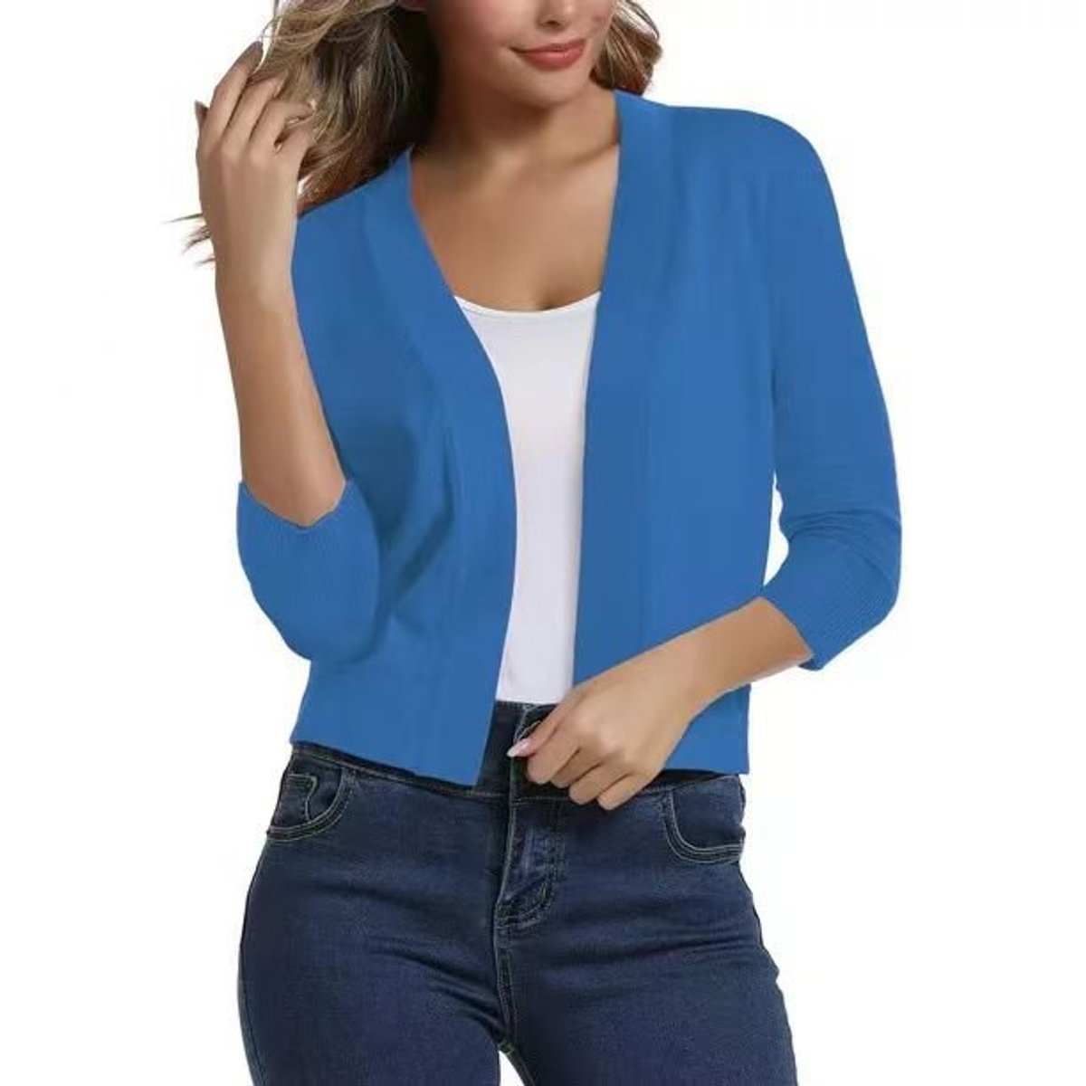 Stylish Cardigan for Women Open-Front Three-Quarter-Sleeve Cropped