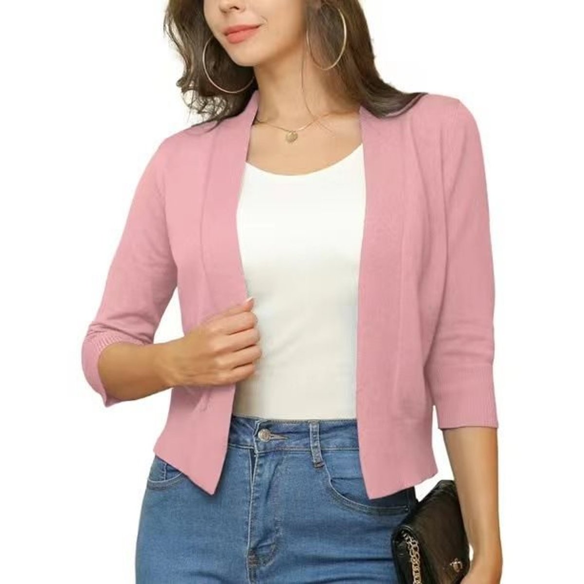 Stylish Cardigan for Women Open-Front Three-Quarter-Sleeve Cropped