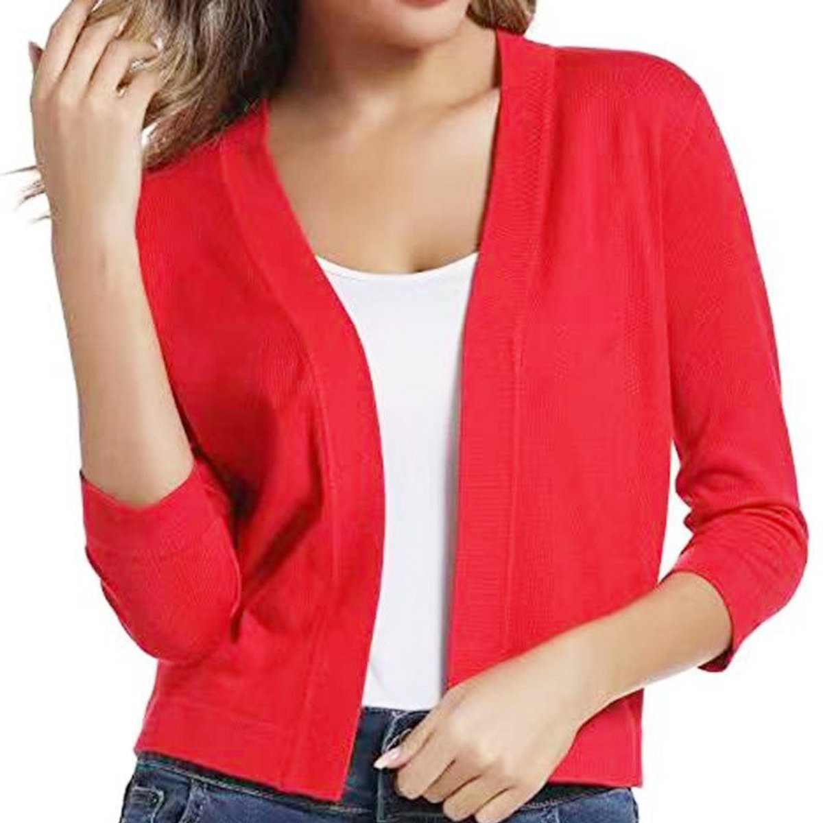 Stylish Cardigan for Women Open-Front Three-Quarter-Sleeve Cropped