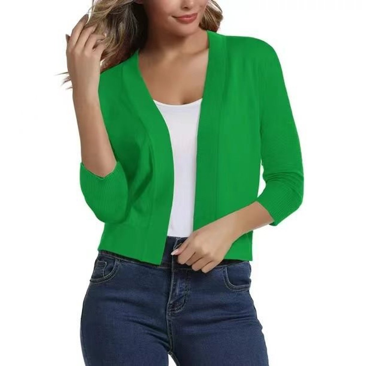 Stylish Cardigan for Women Open-Front Three-Quarter-Sleeve Cropped