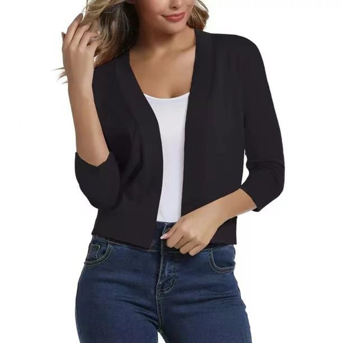 Stylish Cardigan for Women Open-Front Three-Quarter-Sleeve Cropped