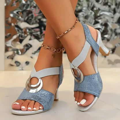 Stylish Block-Heel Sandals for Women Strappy Ring-Buckle Open-Toe