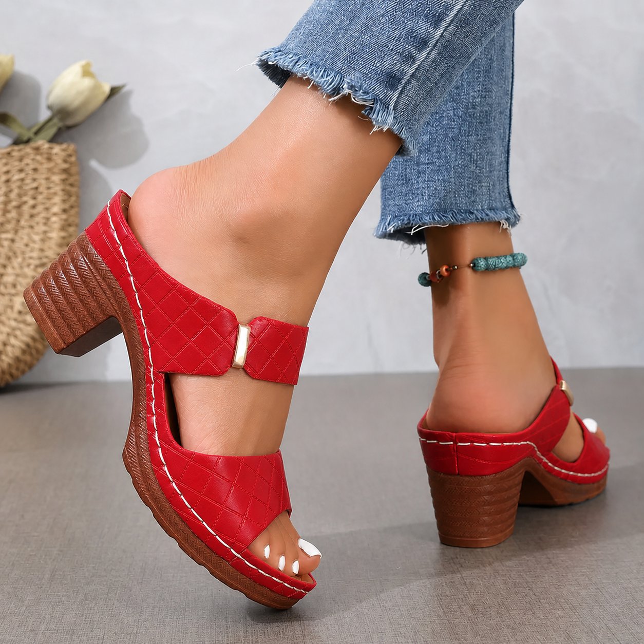 Comfortable Block-Heel Sandals for Women Cushioned Quilted Open-Toe