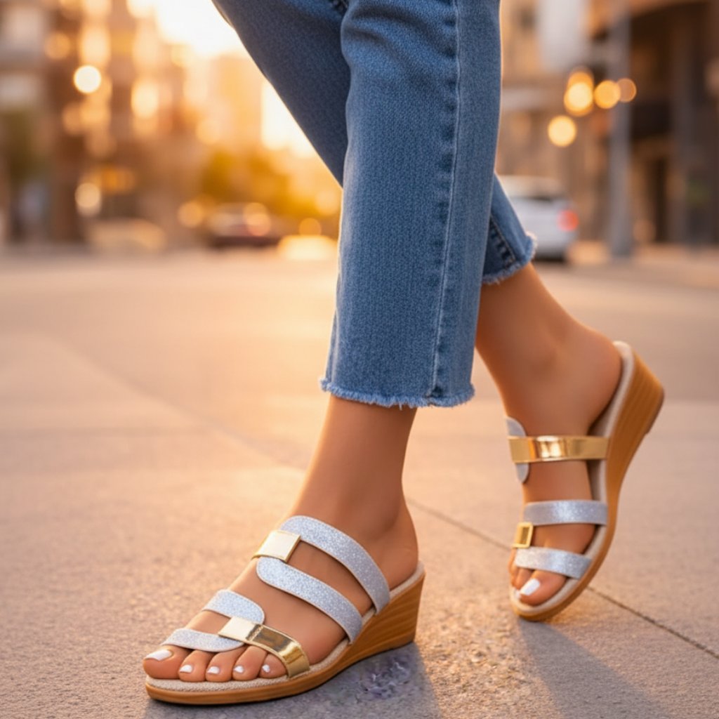 Comfortable Wedge Sandals for Women Glitter Accent Slip-On