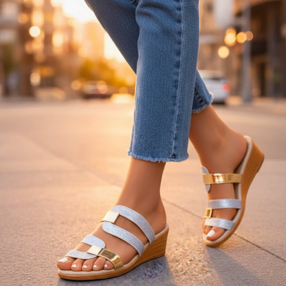 Comfortable Wedge Sandals for Women Glitter Accent Slip-On