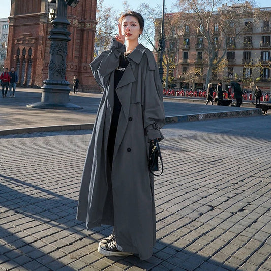 Elegant Trench Coat for Women Oversized Double-Breasted Belted