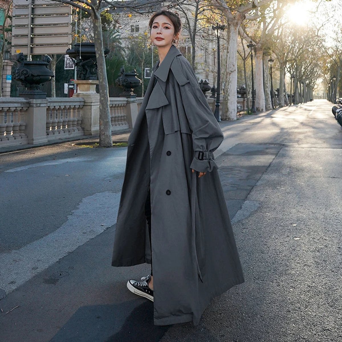 Elegant Trench Coat for Women Oversized Double-Breasted Belted