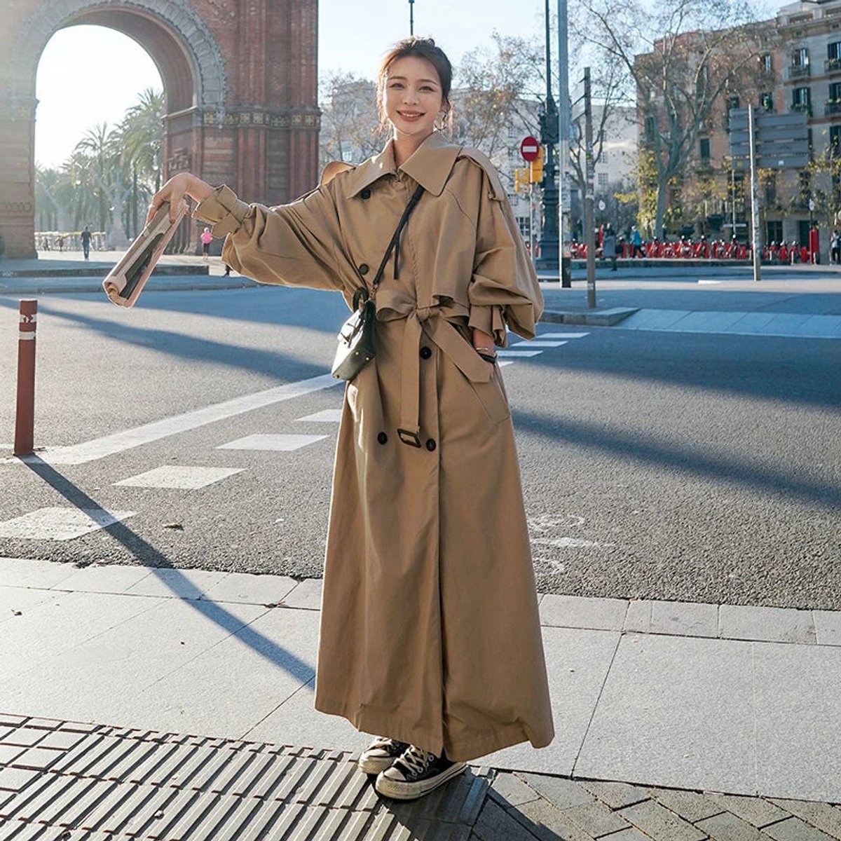 Elegant Trench Coat for Women Oversized Double-Breasted Belted
