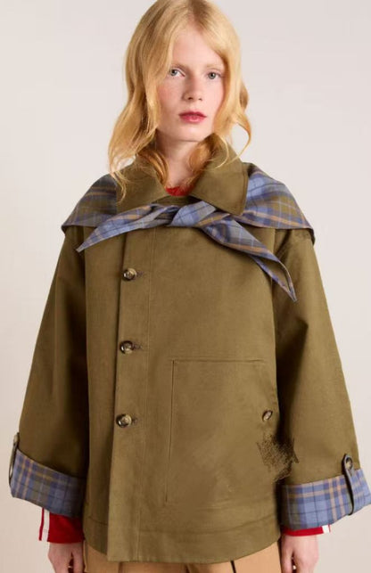 Stylish Cropped Jacket for Women Double-Breasted Plaid-Lined