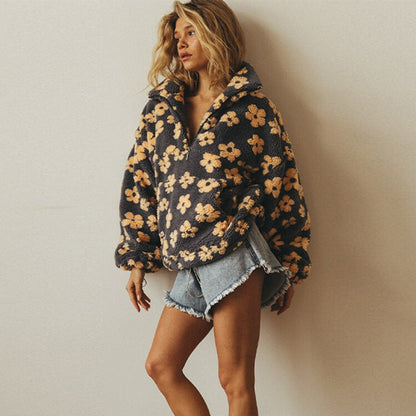Comfortable Fleece Jacket for Women Floral-Print Half-Zip