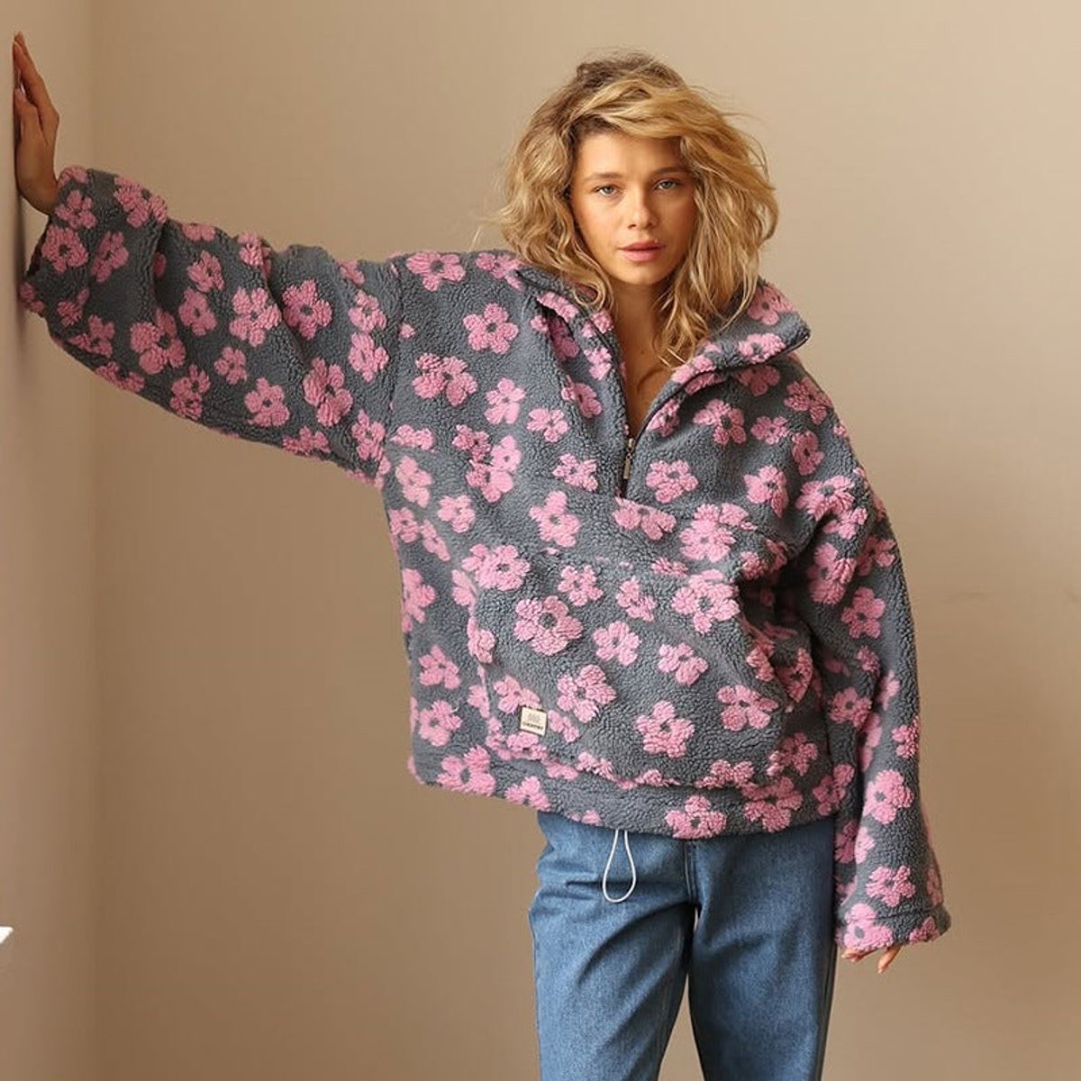 Comfortable Fleece Jacket for Women Floral-Print Half-Zip