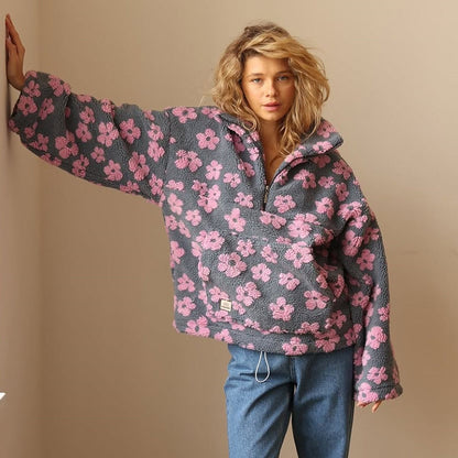 Comfortable Fleece Jacket for Women Floral-Print Half-Zip
