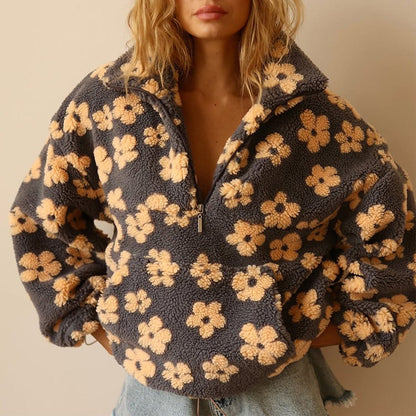 Comfortable Fleece Jacket for Women Floral-Print Half-Zip