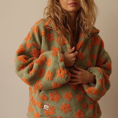 Comfortable Fleece Jacket for Women Floral-Print Half-Zip