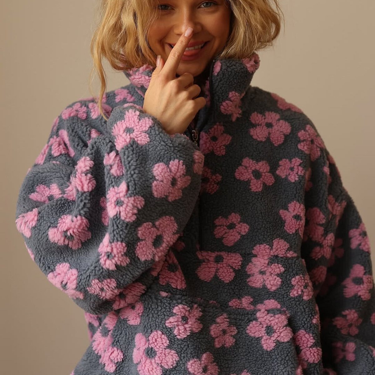 Comfortable Fleece Jacket for Women Floral-Print Half-Zip