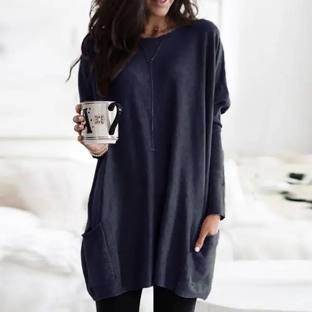 Comfortable Tunic Top for Women Long-Sleeve Pocket Oversized