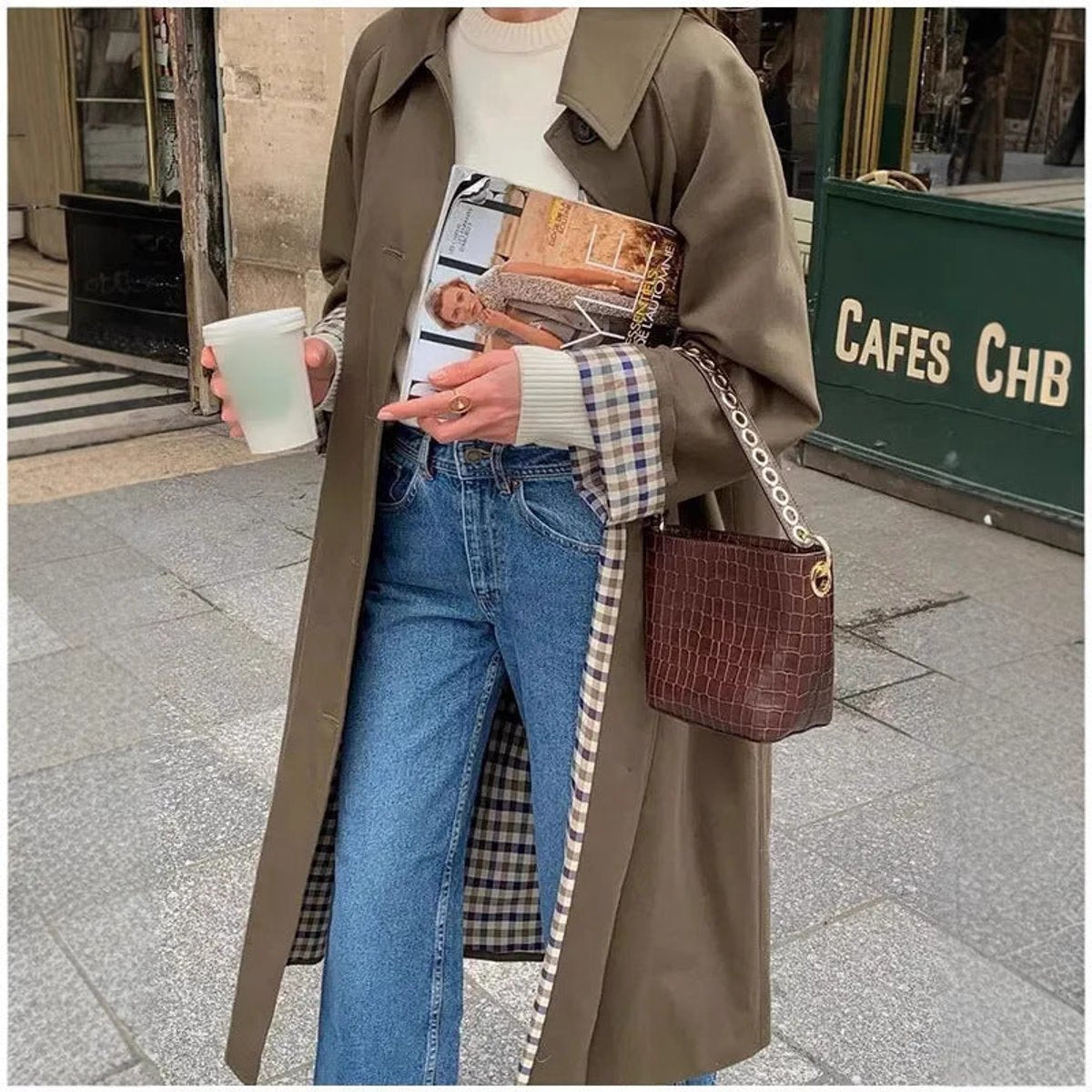 Effortless Trench Coat for Women Oversized Plaid-Lined Long
