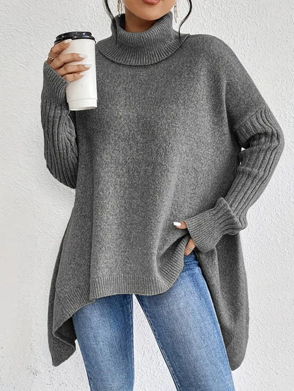 Comfortable Turtleneck Sweater for Women Oversized High-Low-Hem