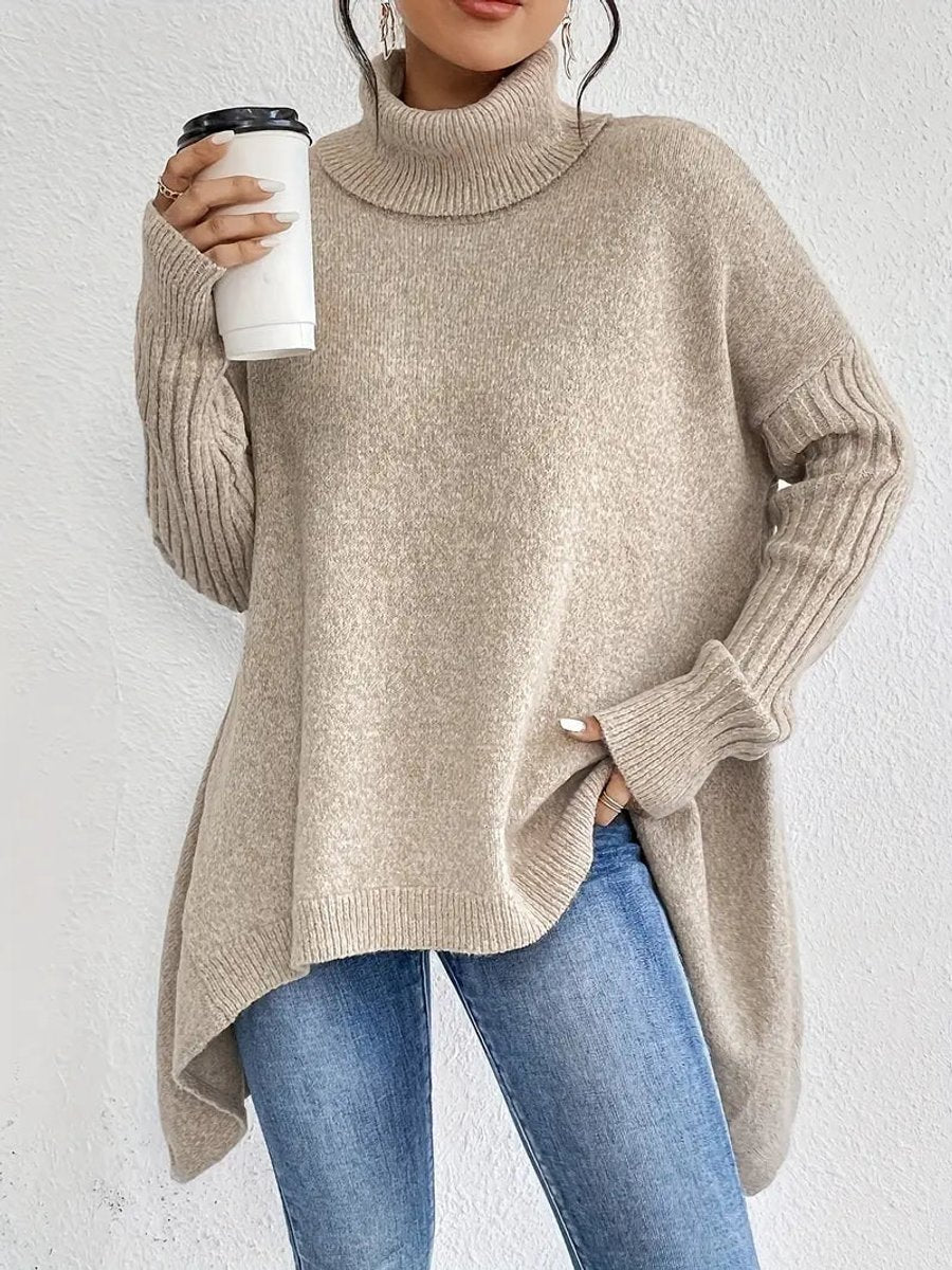 Comfortable Turtleneck Sweater for Women Oversized High-Low-Hem