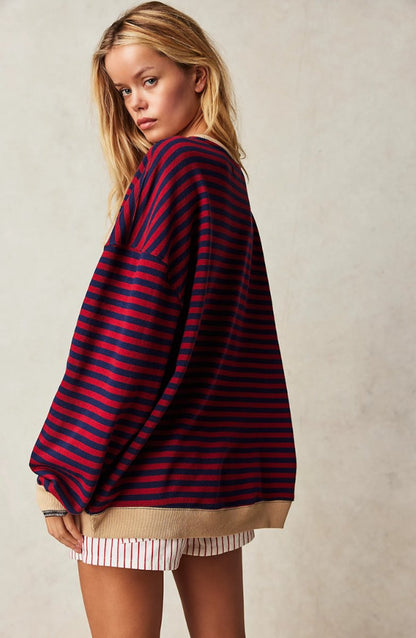 Comfortable Pullover Sweater for Women Oversized Striped Long-Sleeve