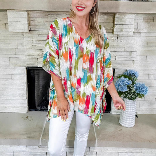 Stylish Tunic Top for Women V-Neck Abstract-Print Oversized