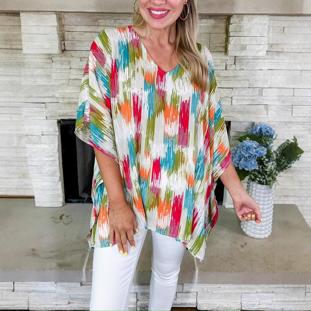 Stylish Tunic Top for Women V-Neck Abstract-Print Oversized