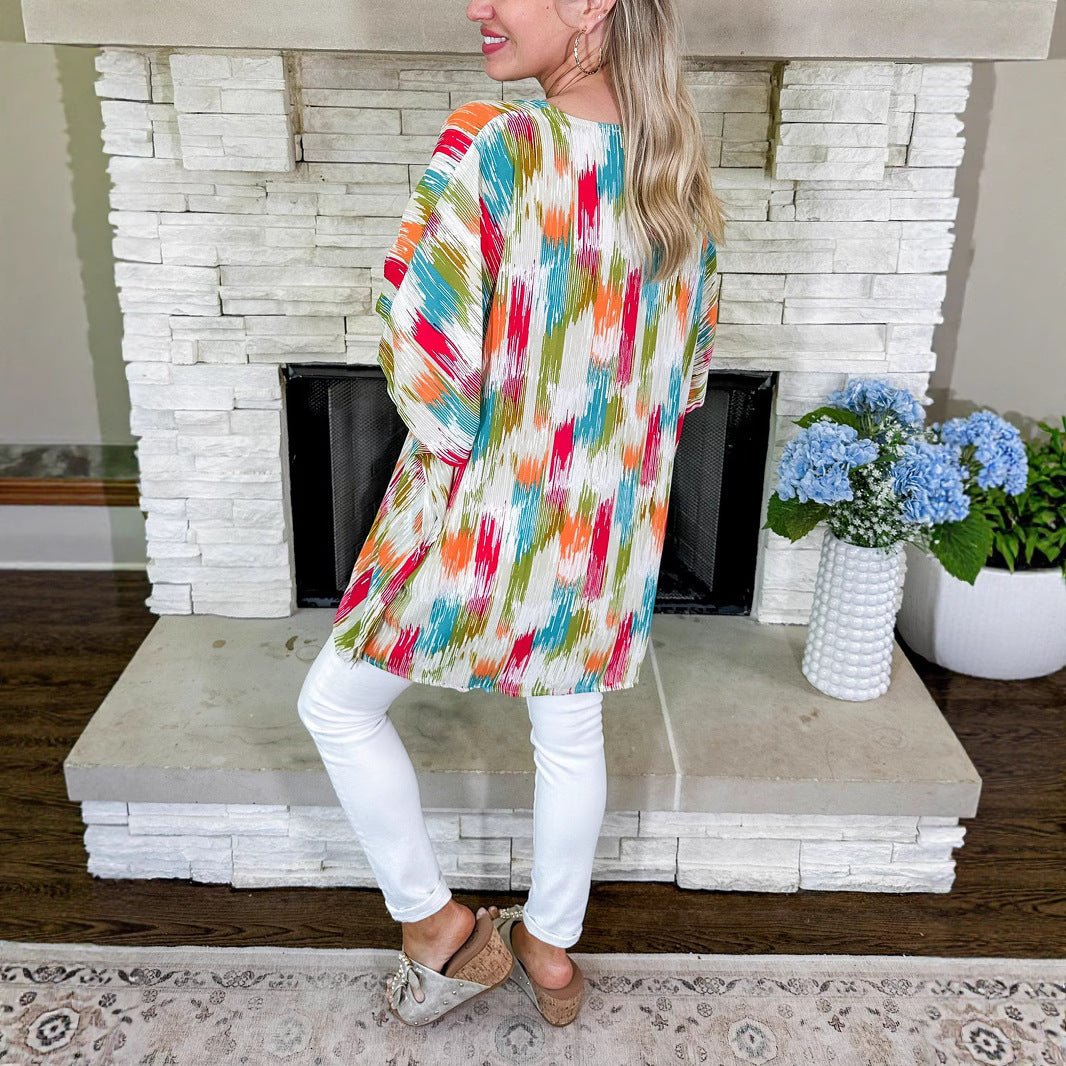Stylish Tunic Top for Women V-Neck Abstract-Print Oversized